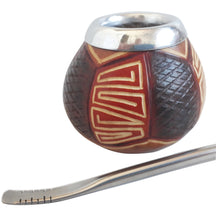 Load image into Gallery viewer, Unique Handcarved Yerba Mate Gourd & Curved Stainless Steel Bombilla
