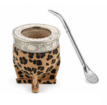 Load image into Gallery viewer, Unique Animal Print Leather Mate Gourd with Alpaca Rim and Steel Bombilla