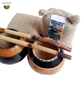 Beautiful Simple & Elegant Set, Mate Gourds, Bombillas + 2 Organic Yerba Mate Bags