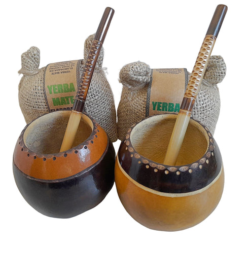 Beautiful Simple & Elegant Set, Mate Gourds, Bombillas + 2  Yerba Mate Bags