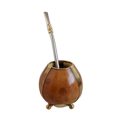 NATURAL MATE GOURD 3 Stripes & 3 Balls Base w/ Stainless Steel Bombilla