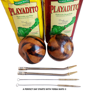 Yerba Mate Super Sale! 2 Mate Gourds, 2 "Playadito" Yerba Bags, 2 Bombillas