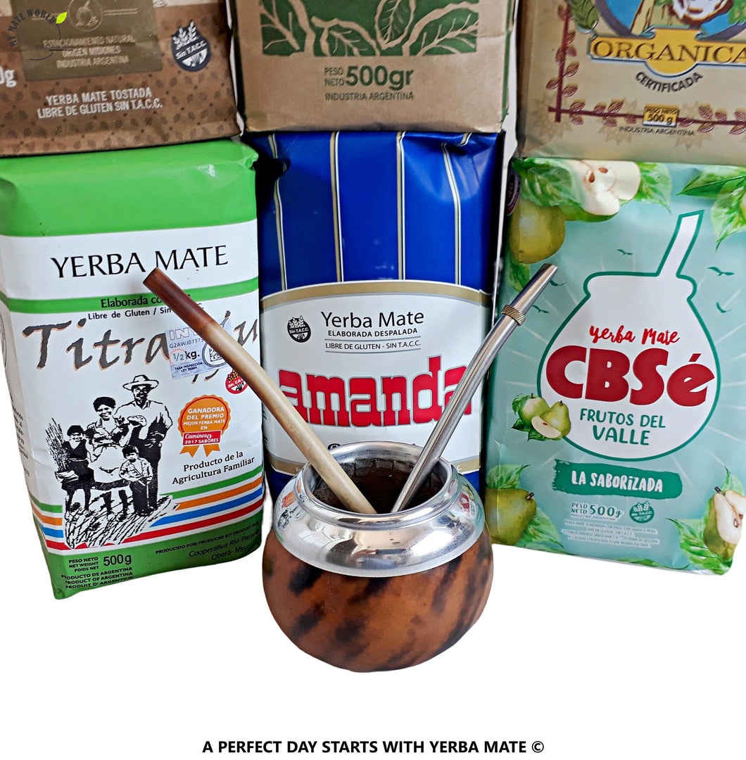 6 Yerba Mate Bags (ALL TYPES) Sample Kit – Mate Gourd & 2 Bombillas