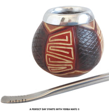 Load image into Gallery viewer, Unique Handcarved Yerba Mate Gourd &amp; Curved Stainless Steel Bombilla