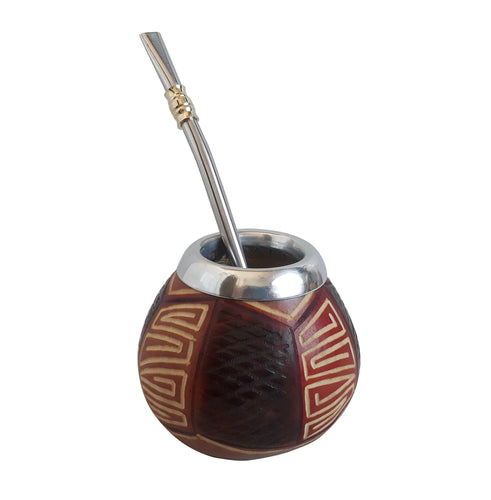 Unique Handcarved Yerba Mate Gourd & Curved Stainless Steel Bombilla