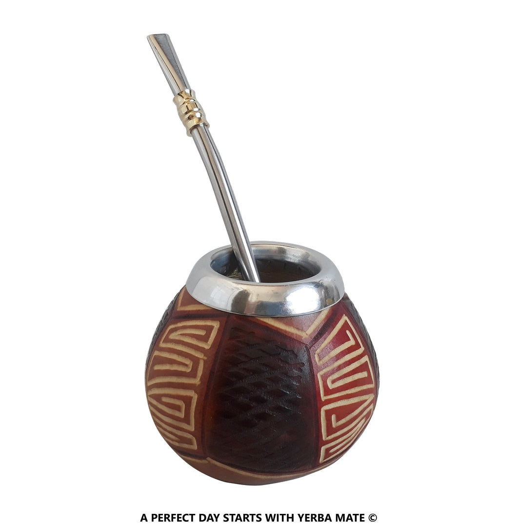 Unique Handcarved Yerba Mate Gourd & Curved Stainless Steel Bombilla